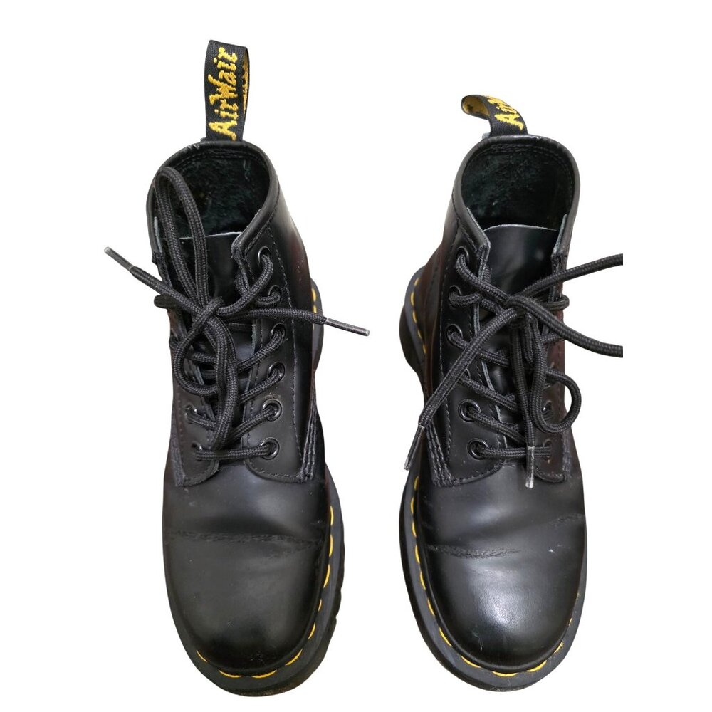 Dr. Martens Black Leather Lace-Up Boots With Iconic Yellow Stitching Durable Sol